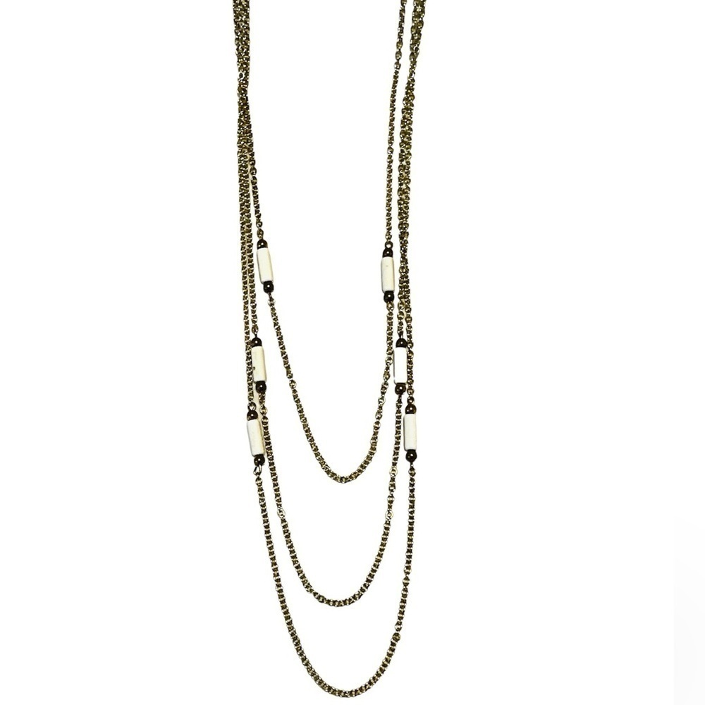 2/$15 - Gold & White Multi Chain Drop Necklace | Layered Beaded Statement